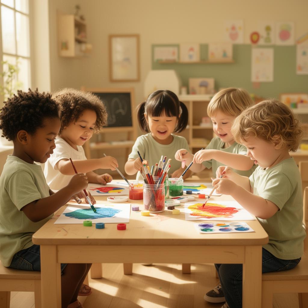 Diverse small group of preschoolers painting together at a wooden table in a warm classroom