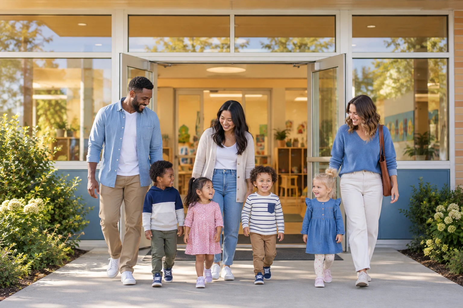 Families and young children gathered outside a childcare entrance