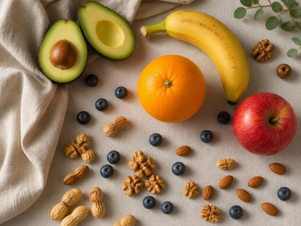 Fresh raw ingredients including avocado, banana, orange, apple, blueberries, peanuts, walnuts, and almonds