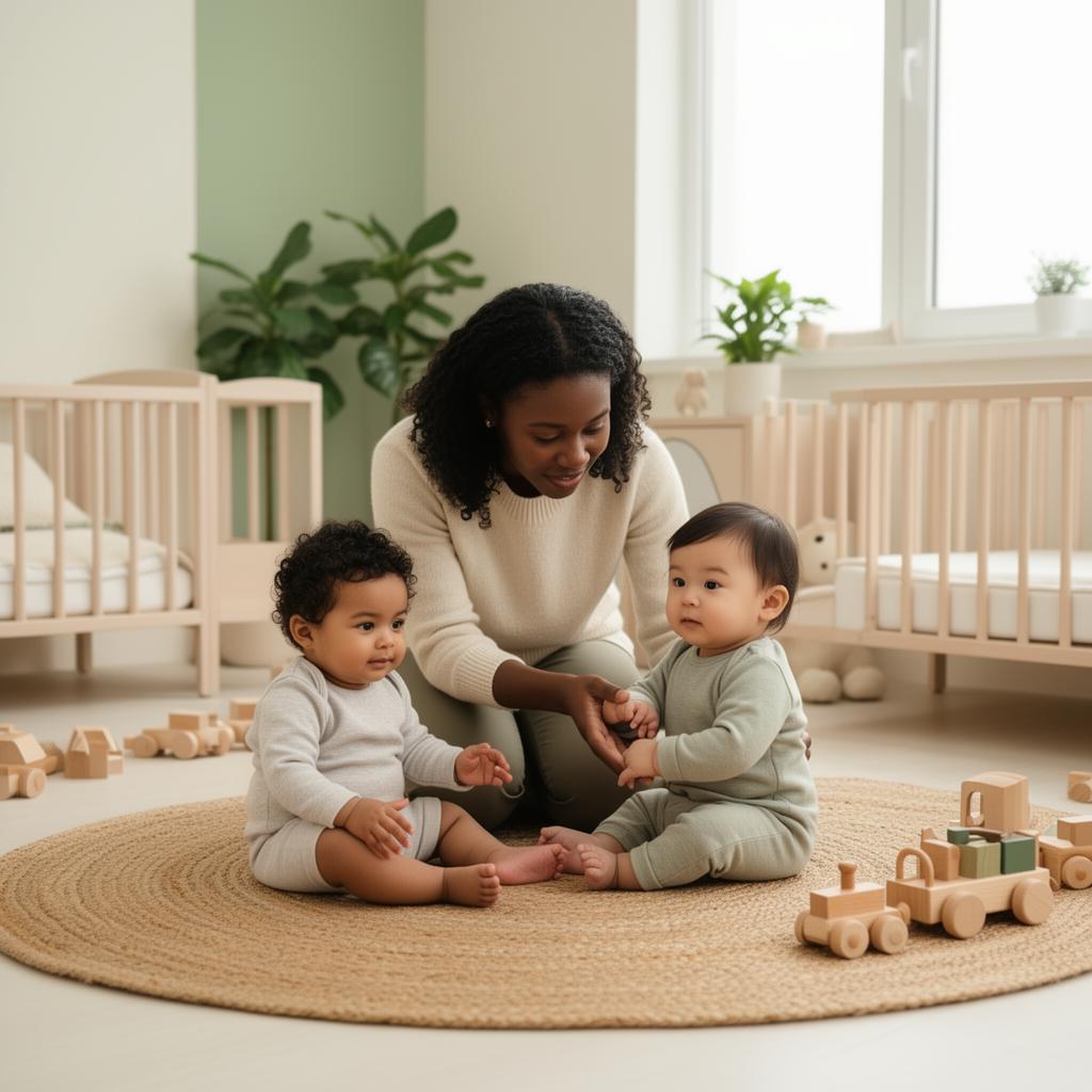 Caregiver gently playing on the floor with two infants of different ethnicities in a calm, sunlit nursery