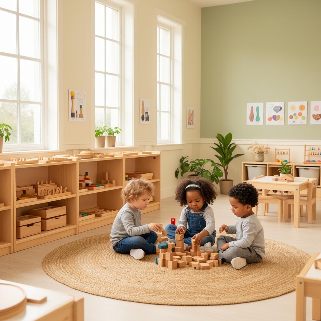 Bright, clean preschool classroom with diverse toddlers playing calmly with wooden blocks on a natural-fiber rug